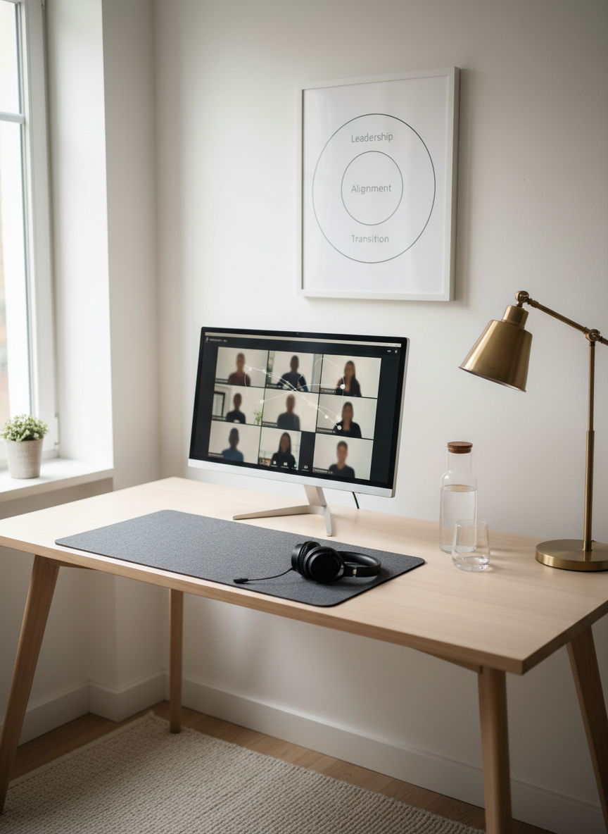 A refined home-office corner designed for remote coaching sessions features a slim monitor on a pale wood desk, showing a video-conference interface with abstract, softly blurred silhouettes, ensuring no facial details. A noise-cancelling headset rests on a charcoal felt desk mat beside a minimalist glass water carafe and tumbler. On the wall, a framed, understated diagram of concentric circles labeled with words like “Leadership,” “Alignment,” and “Transition” adds conceptual depth. Natural daylight from a side window combines with a warm desk lamp, creating a balanced, inviting glow. Photographic realism, captured from a slightly elevated angle with a moderate depth of field, conveys serenity, professionalism, and the flexibility of coaching in visio from Lyon to anywhere in France.