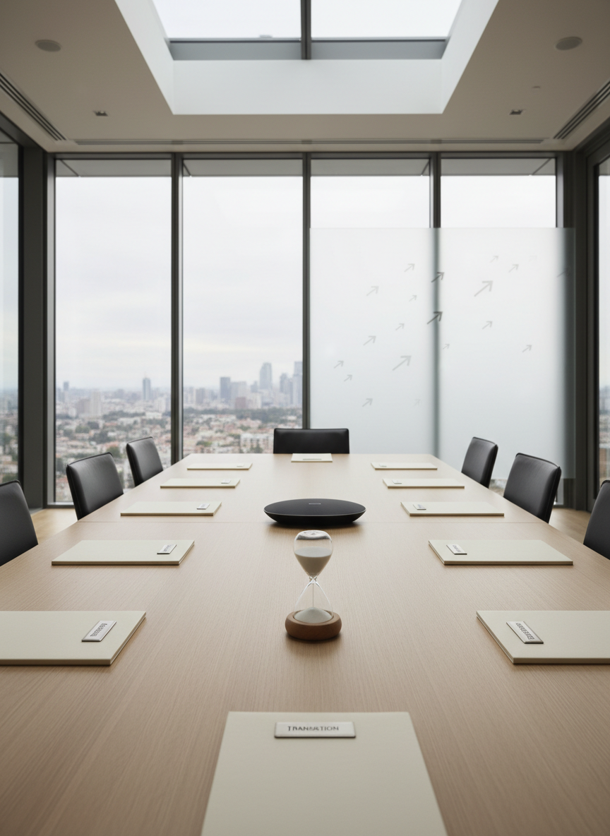 In a modern meeting room, a long, light-oak conference table is arranged with carefully spaced, closed folders labeled with discreet metallic tags such as “Vision,” “Management,” and “Transition.” A central, matte-black speakerphone and a minimalist sand hourglass create a focal point in the middle of the table. Behind, a large glass wall reveals a softly blurred skyline and a frosted panel subtly etched with abstract arrows moving upward. Soft, diffused daylight from overhead skylights and side windows bathes the scene, casting gentle, organized shadows. Photographic realism, wide-angle composition from one end of the table, gives a sense of depth and collective journey, evoking structured, high-level group coaching sessions for executives and managers.