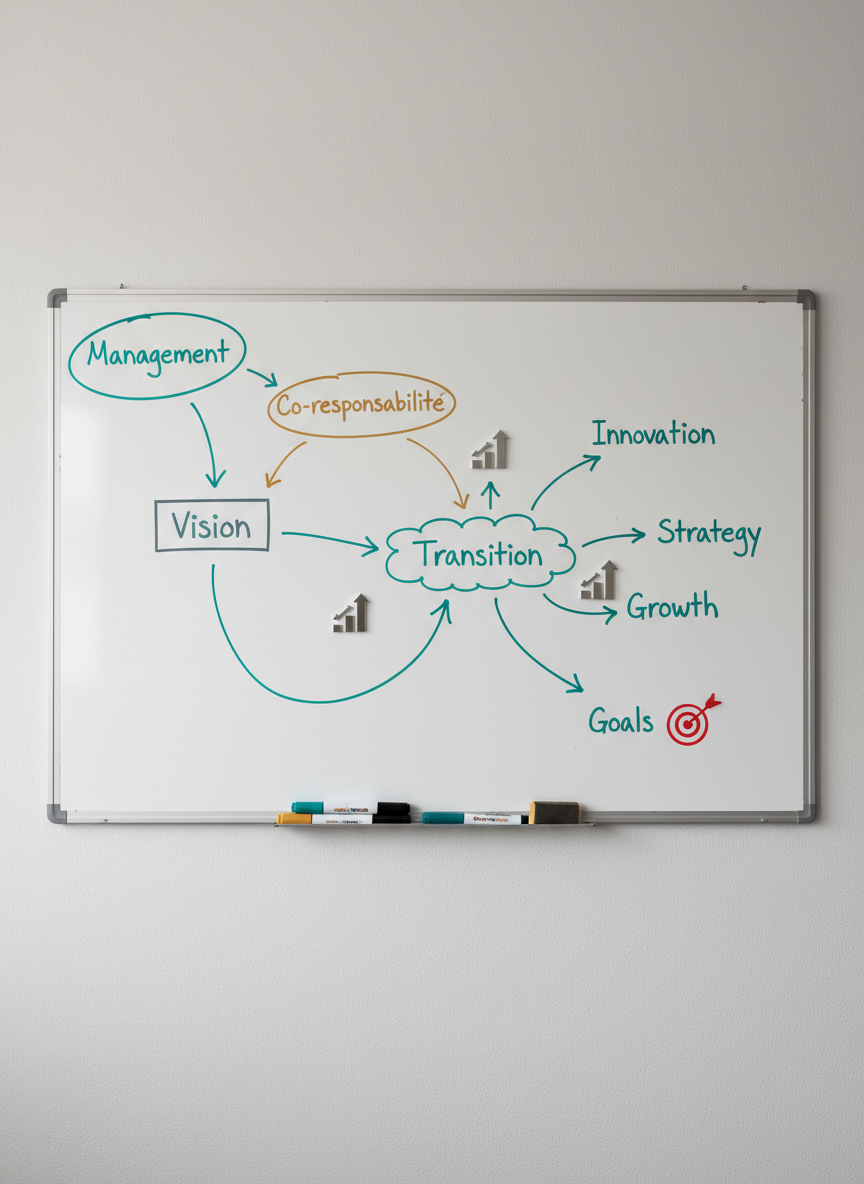 A strategic planning scene shows a large whiteboard mounted on a clean, light-grey wall, covered with neatly written keywords such as “Management,” “Co-responsabilité,” “Vision,” and “Transition,” connected by colorful, precisely drawn arrows and circles. Magnetic markers in coordinated tones of teal, mustard, and slate sit in a narrow tray, while small magnetic icons shaped like steps and targets punctuate key ideas. Soft overcast daylight enters from an unseen window, creating a gentle, shadowless illumination that keeps every word legible. Photographic realism, shot straight-on with sharp focus across the entire frame, creates a clear, structured atmosphere that evokes methodical coaching frameworks and the gradual construction of a leader’s personal roadmap.