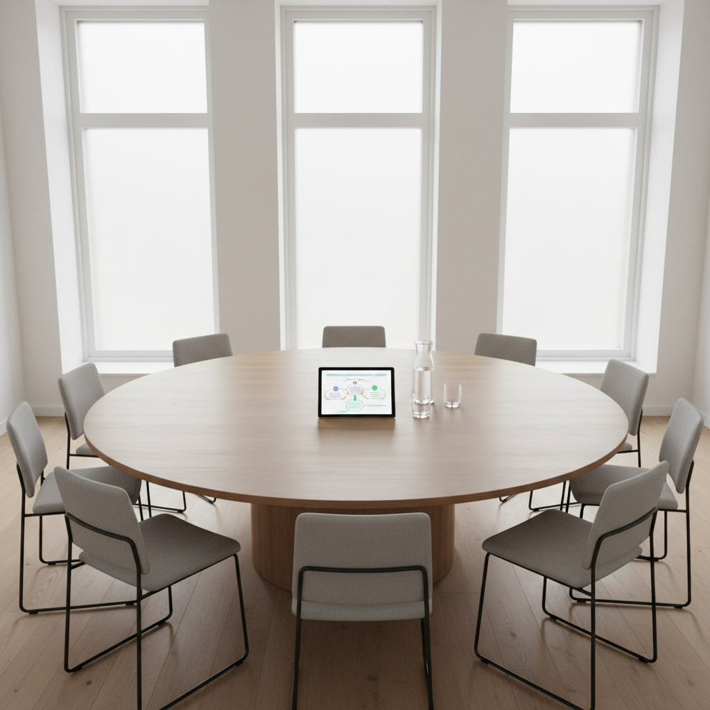 A minimalist meeting room featuring a large, round wooden table with a smooth matte finish, surrounded by empty contemporary chairs, all arranged symmetrically to suggest collaboration without showing people. On the table, a single digital tablet displays a clear, colorful diagram of a professional development roadmap, beside a glass carafe of water and two simple glasses. Soft, diffused daylight enters through frosted windows, producing a serene, evenly lit scene with gentle shadows. Photographic style, shot from a slightly elevated angle with balanced composition, evoking a mood of clarity, openness, and constructive dialogue suitable for professional coaching sessions.